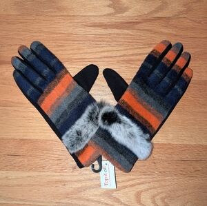 Striped Gloves with Fur Trim